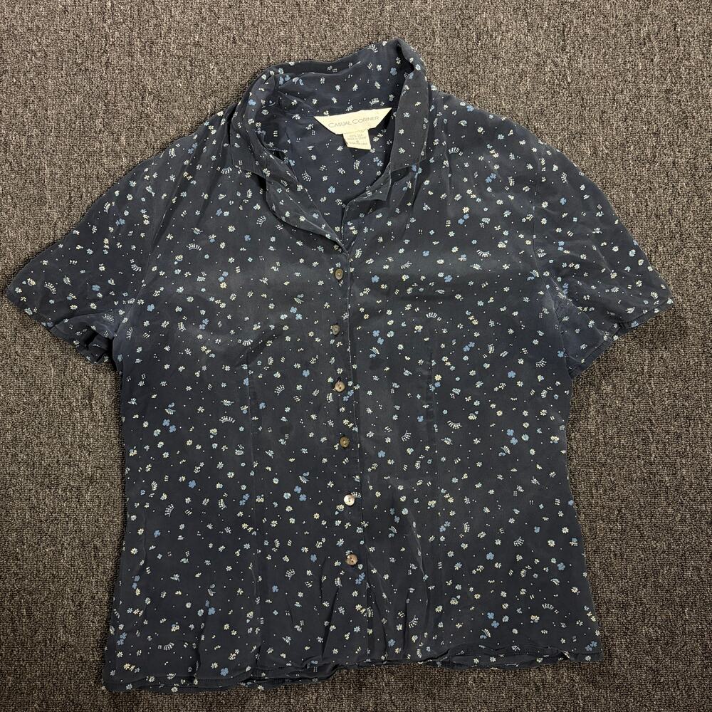 Vintage Y2k 100% Silk Mini Floral Navy Button Front Women's Blouse 8 Medium